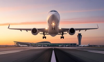 Naklejka premium Airplane Taking Off at Sunset Majestic Flight and Travel Photography