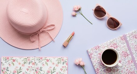 Summer Essentials Flat Lay with Pink Hat, Sunglasses, and Floral Notebooks
