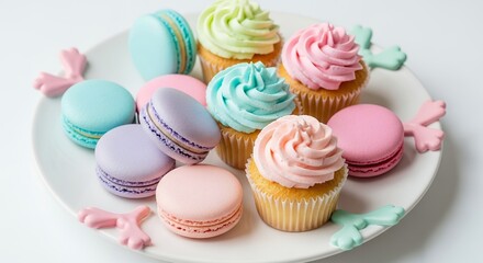Pastel Cupcakes and Macarons on a White Plate