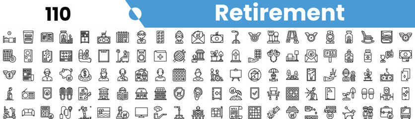 A diverse collection of retirement-themed icons, showcasing various aspects of retirement life, including leisure, finance, and hobbies.