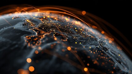 Fototapeta premium Global Network Connections Digital Earth Abstract Background Modern Technology Futuristic Illustration Orange Glowing Lines Detailed Planet Earth High Resolution Image Digital Art 