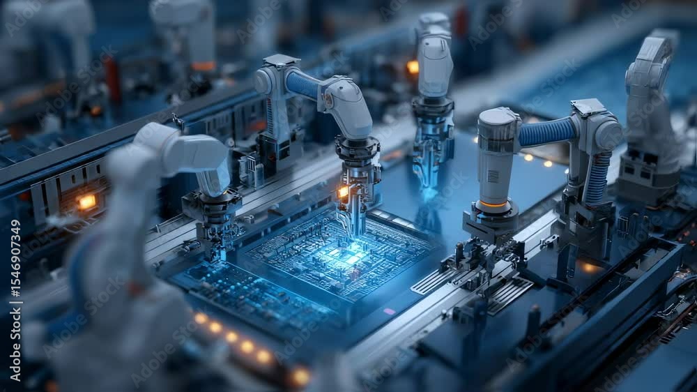 Poster multiple robotic arms working collaboratively in a factory, assembling and inspecting microchips on 