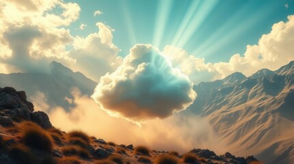 Mountain cloudscape featuring light rays piercing through a large cumulus cloud over a rugged landscape.