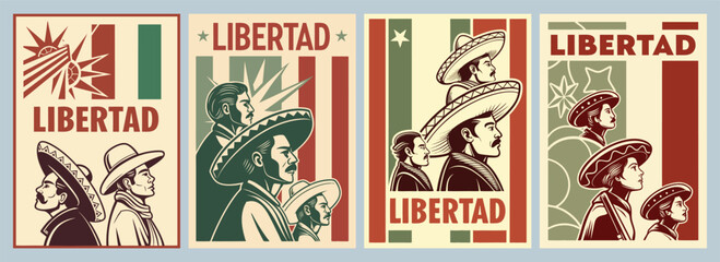 Vintage Posters Celebrating Liberty Through Diverse Characters in Traditional Mexican Attire with Powerful Expressions and Iconic Symbols