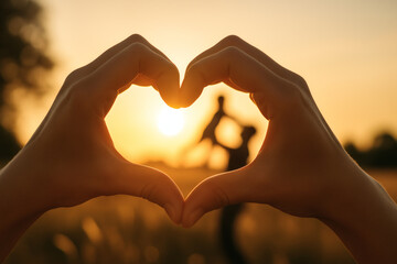 Fototapeta premium Heart Shape Hands Framing Dad Playing with Son at Sunset – Father’s Day Joy and Love, dia dos pais