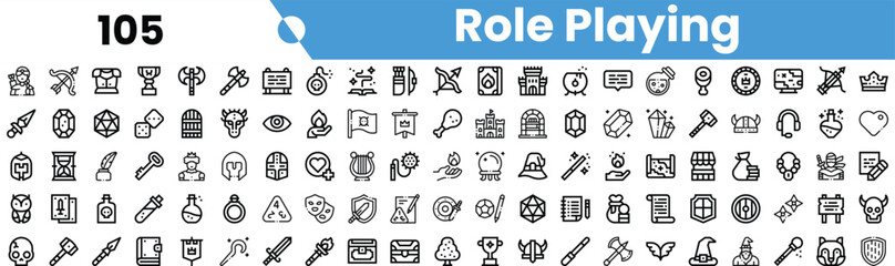 A vibrant collection of role-playing game icons featuring various elements like dice, potions, and trophies in a playful layout. © Sk Sa