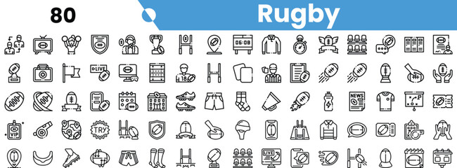 Collection of rugby-themed icons in a minimalist style, featuring trophies, jerseys, and equipment.