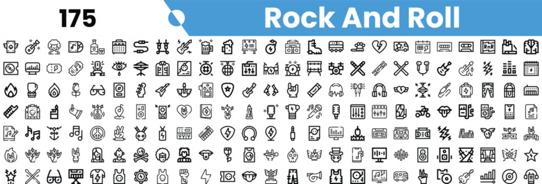 A diverse collection of rock and roll themed icons, showcasing musical instruments, symbols, and various elements of rock culture.