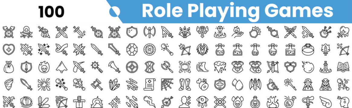 Collection of role-playing game (RPG) icons, featuring various items, weapons, and characters in a minimalist style.