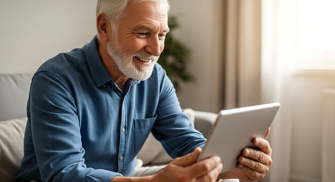 Smiling senior man using a tablet device while sitting on a sofa in a bright living room setting