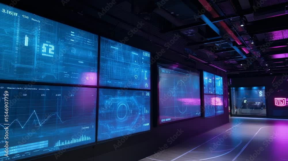 Poster futuristic command center featuring complex data visualizations, charts, and metrics on interconnect