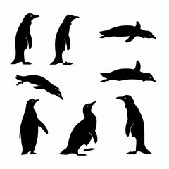 Penguin silhouette set, standing and swimming poses
