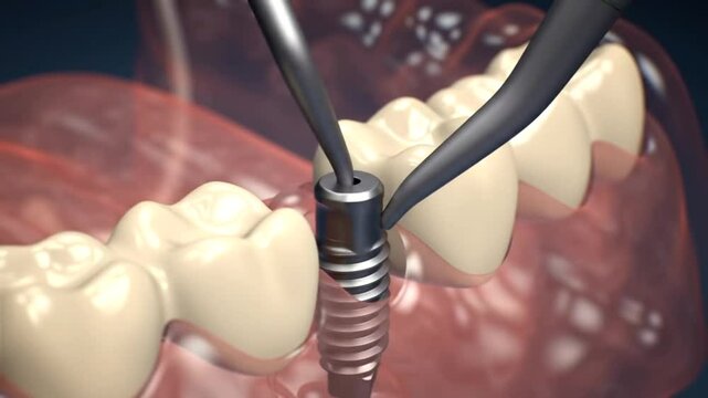 Dental implant procedure shown with teeth gums and surgical instrument close up