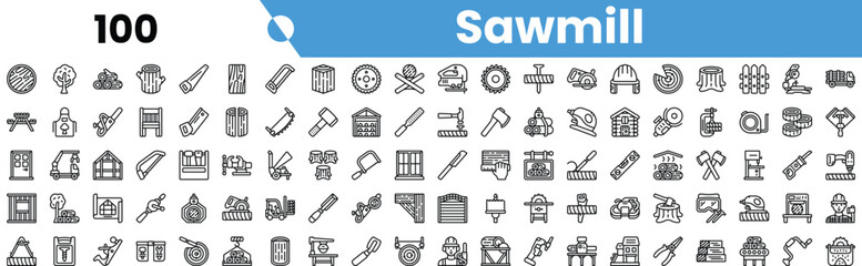 A comprehensive collection of line icons representing various sawmill tools and equipment.
