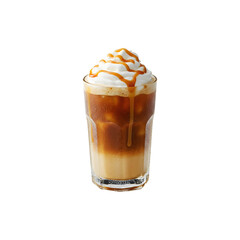 Caramel iced coffee topped with whipped cream in clear cup