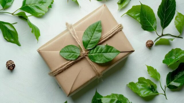 Sustainable gift box wrapped in brown paper and twine, decorated with green leaves, surrounded by natural foliage and pinecone.