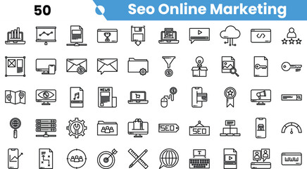 A collection of vector icons representing SEO and online marketing concepts, including analytics, email, and content creation.