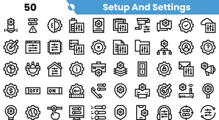 A collection of setup and settings icons featuring gear motifs, charts, notes, and various symbols, illustrating organizational and planning themes.