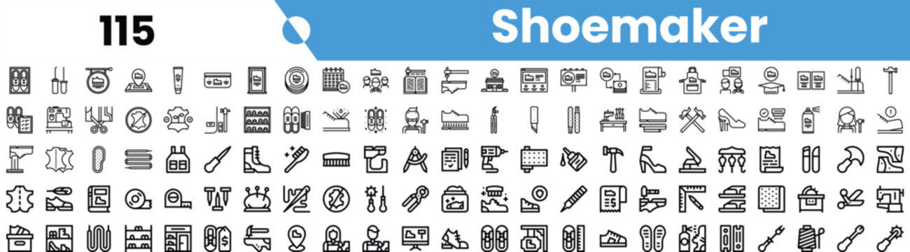 A diverse collection of detailed shoemaking icons including tools, materials, and products.