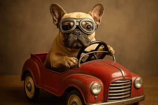 Fototapeta Amusing French Bulldog wearing protective goggles sitting in vintage pedal car creating whimsical pet photography concept
