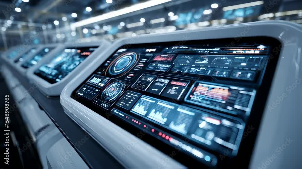 Poster futuristic control panels displaying complex data analysis and system information within a sleek, mo