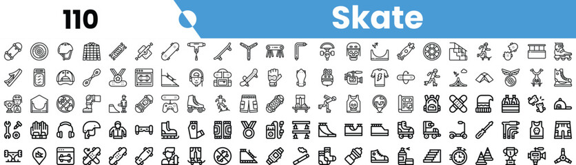 A diverse collection of skateboarding icons, showcasing various equipment, tricks, and styles in a sleek black and white design.