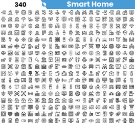 A diverse collection of smart home icons in monochrome, showcasing various technologies for modern living.