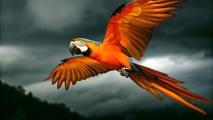 A vibrant macaw with orange and blue plumage in mid flight against a cloudy backdrop sky