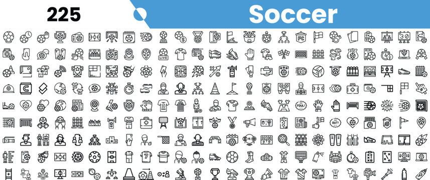 A comprehensive collection of black and white soccer icons, showcasing various elements of the sport, from trophies to player gear.