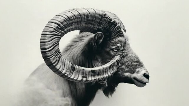 Monochromatic portraits of majestic rams with spiraled horns in artistic compositions