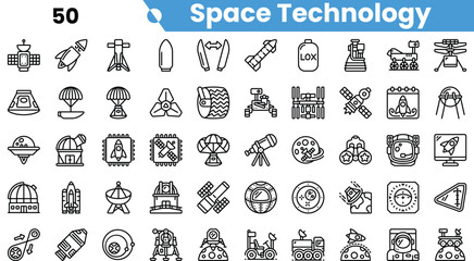 A collection of line icons depicting various space technology concepts, including rockets, satellites, and planetary exploration rovers.