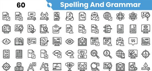 A collection of spelling and grammar-themed icons in a minimalist black and white design, showcasing educational tools and symbols.