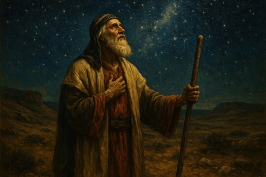 Biblical scene of Abraham's covenant with God under starlit desert sky