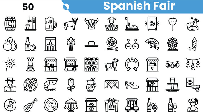 A vibrant collection of icons representing a Spanish Fair, featuring traditional elements like food, music, and culture.