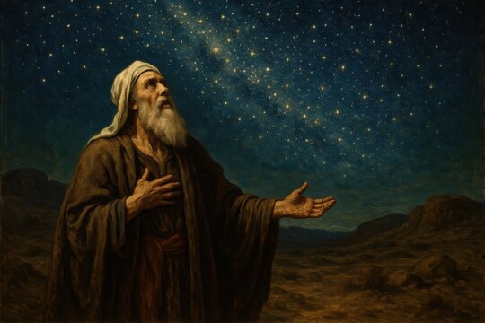 Biblical scene of Abraham's covenant with God under starlit desert sky