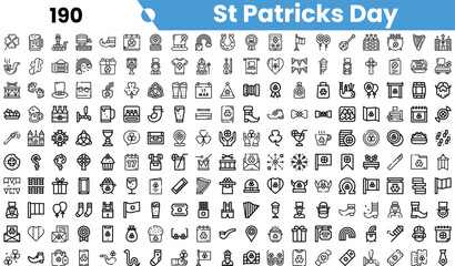 A collection of St. Patrick's Day themed icons in black outline style, featuring symbols of luck and celebration.