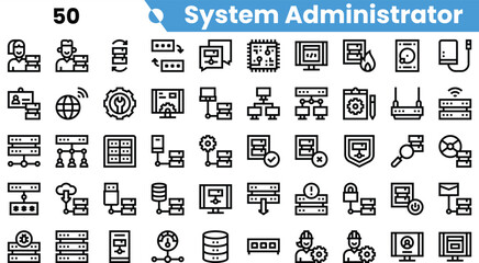 A collection of minimalist icons representing system administration, featuring various technology-related symbols and tools.