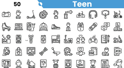 An array of black and white icons depicting teenage lifestyle essentials and interests, such as sports, technology, and entertainment.