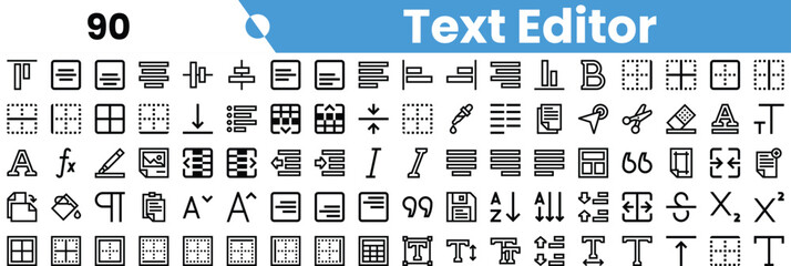 A collection of various text editor icons designed in a minimalist style, featuring tools for text formatting and document editing.