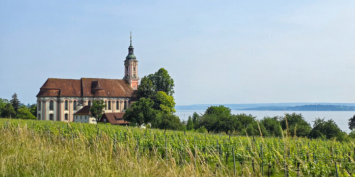 Birnau mit Blick auf den Bodensee und Weinberge im Sommer