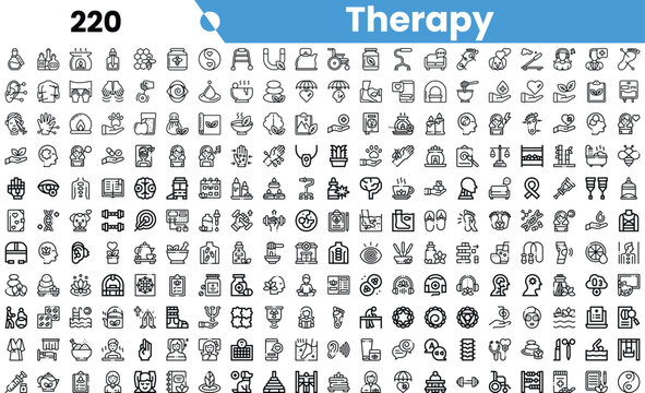 A diverse collection of therapy-related icons showcasing various aspects of mental health and well-being.