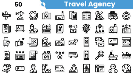 A collection of travel agency icons in a clean, minimalist style featuring airplanes, passports, and travel-related symbols.