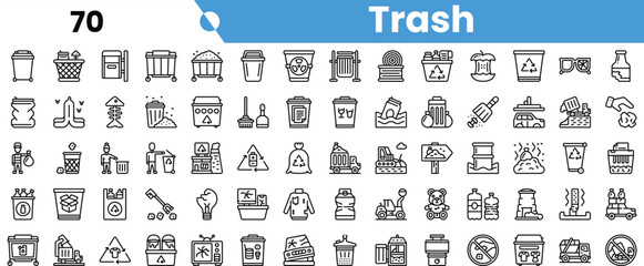 A collection of various trash-related icons, showcasing different waste disposal methods and recycling elements in a minimalist style.