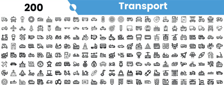 A diverse collection of transportation icons in a clean, monochromatic style, showcasing vehicles, infrastructure, and travel modes.