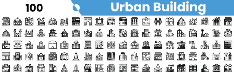 A collection of urban building icons, showcasing various architectural styles and structures in a minimalist black-and-white design.