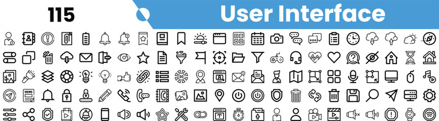 A diverse collection of black and white user interface icons, featuring various symbols for apps and web design.