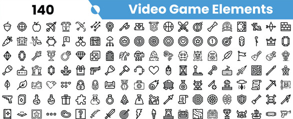 A diverse collection of video game elements featuring various icons, including weapons, items, characters, and symbols.
