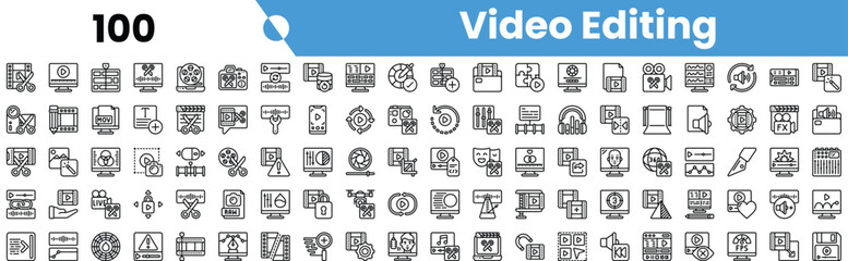 A collection of minimalist video editing icons showcasing various tools and concepts essential for digital media production.