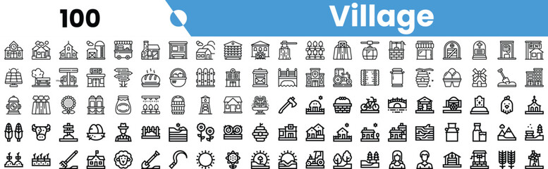 A collection of village-themed icons, featuring various elements from community life, architecture, and nature.