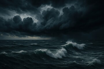 Obraz premium Dramatic storm clouds gathering over turbulent ocean waters with powerful waves
